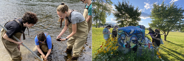 Picture of students in stream and picture of students with wildflowers side by side